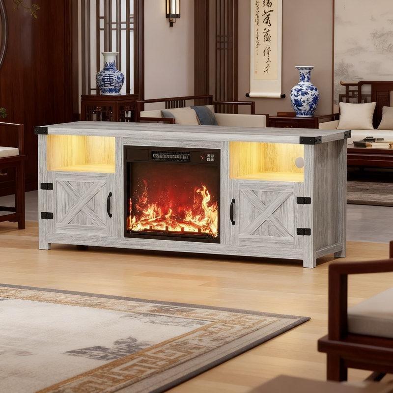 Gri Ahşap LED Aydınlatmalı Elektrikli Şömineli TV Ünitesi - 148 cm - 219871
