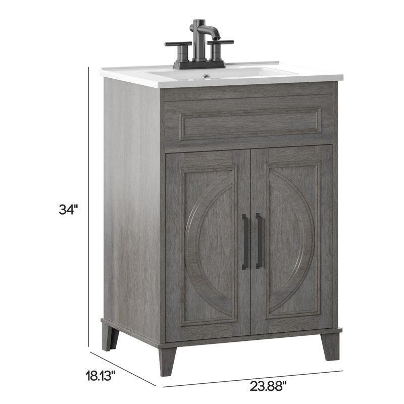 Gri Ahşap Porselen Tezgahlı Çift Kapaklı Banyo Lavabo Dolabı - 61 cm - 201694