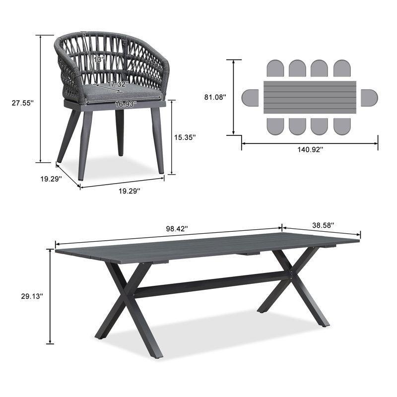 Gri Alüminyum ve PE Rattan Minderli 10 Kişilik Dikdörtgen Bahçe Masa Takımı - 250x98 cm - 215797