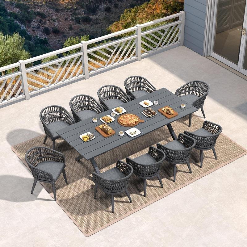 Gri Alüminyum ve PE Rattan Minderli 10 Kişilik Dikdörtgen Bahçe Masa Takımı - 250x98 cm - 215797