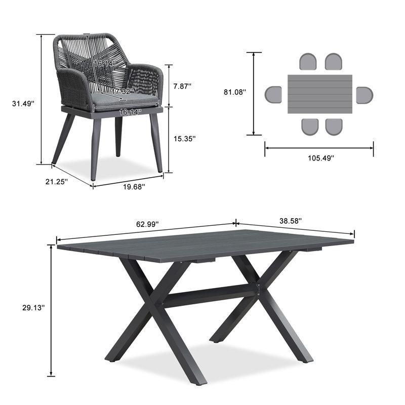 Gri Alüminyum ve PE Rattan Minderli 6 Kişilik Dikdörtgen Bahçe Masa Takımı - 160x98 cm - 213397