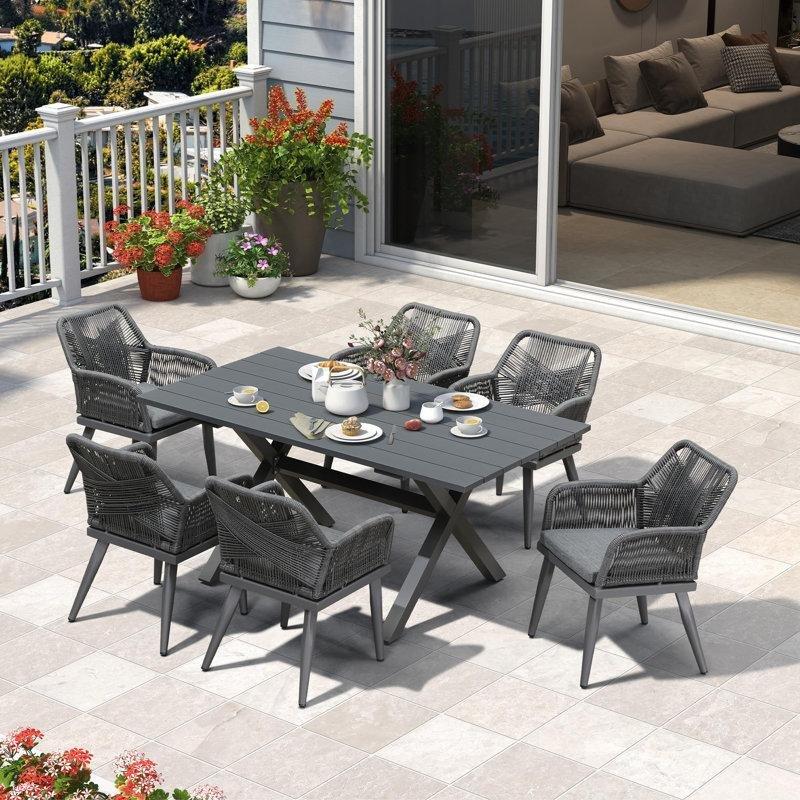 Gri Alüminyum ve PE Rattan Minderli 6 Kişilik Dikdörtgen Bahçe Masa Takımı - 160x98 cm - 213397