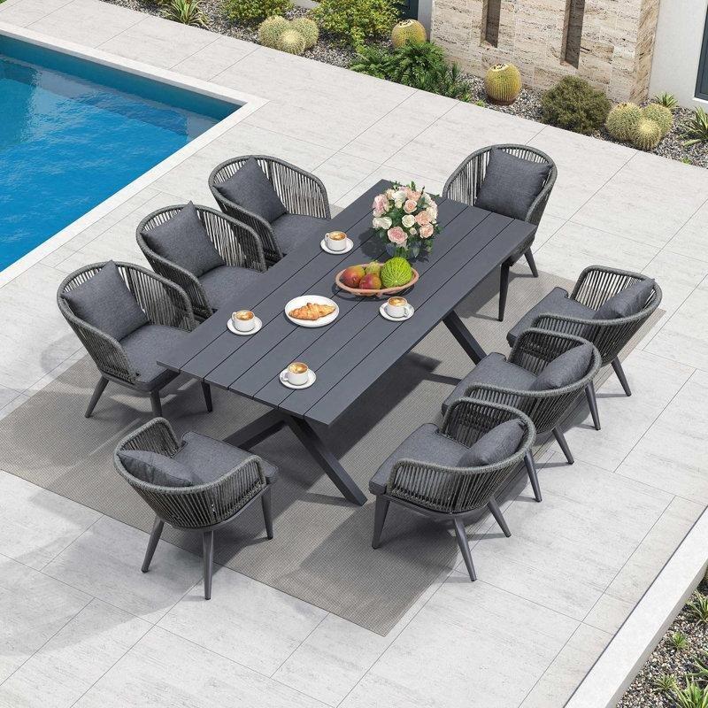 Gri Alüminyum ve Rattan 8 Kişilik Minderli Dikdörtgen Bahçe Masa Takımı - 215732