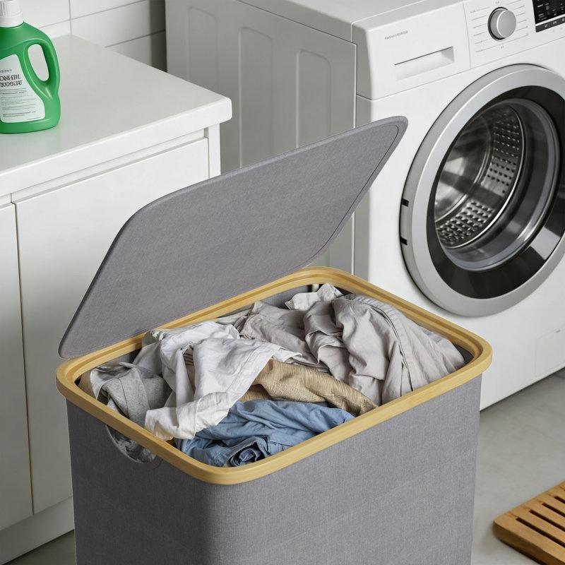 Gri Bambu Kuluplu Kapaklı Katlanabilir 110L Çamaşır Sepeti - 74x45x34 cm - 187667