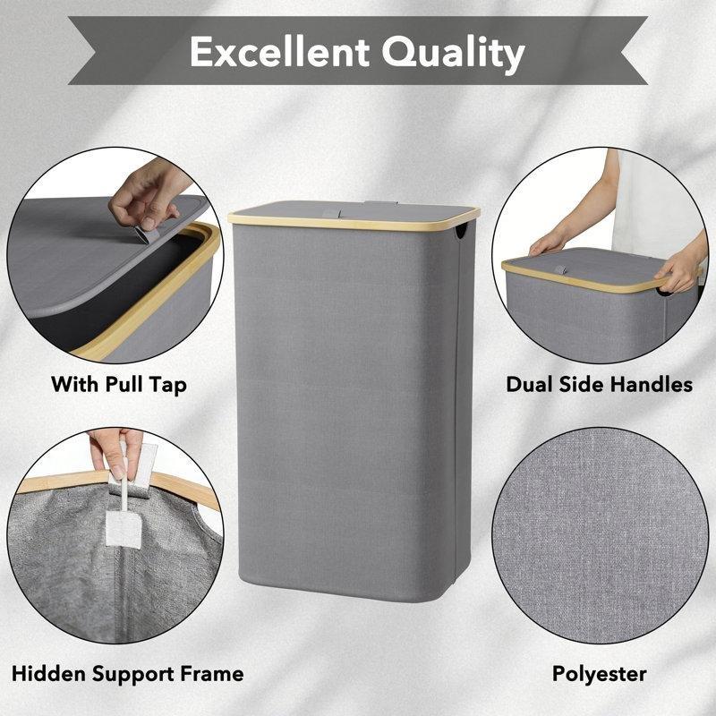 Gri Bambu Kuluplu Kapaklı Katlanabilir 110L Çamaşır Sepeti - 74x45x34 cm - 187667