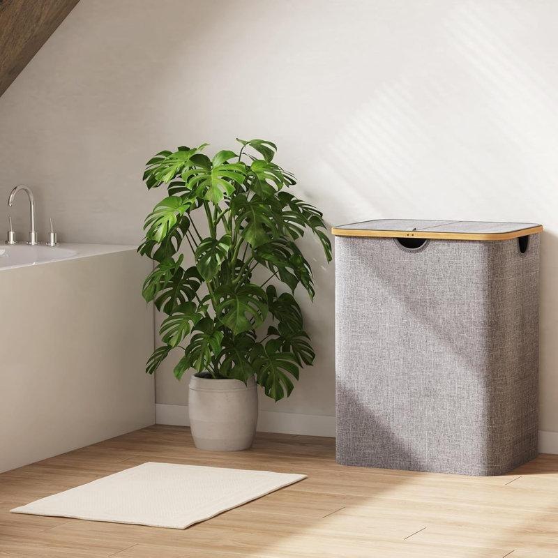 Gri Bambu Kuluplu Kumaş İki Bölmeli Katlanır Kapaklı Çamaşır Sepeti - 120L - 187543