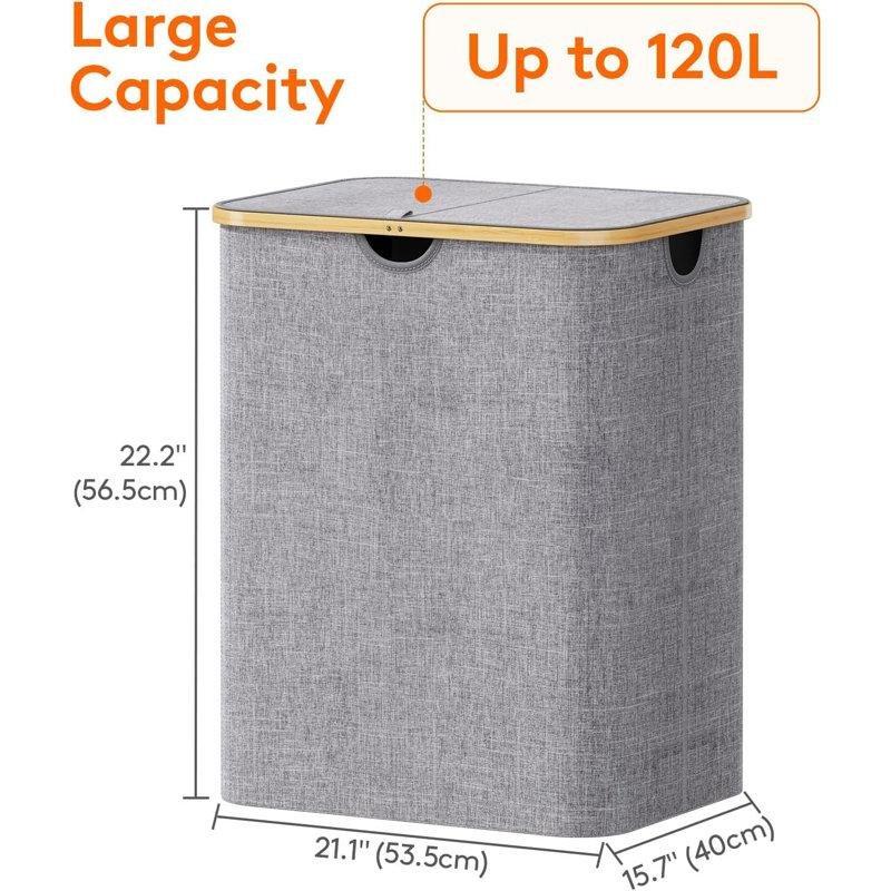 Gri Bambu Kuluplu Kumaş İki Bölmeli Katlanır Kapaklı Çamaşır Sepeti - 120L - 187543