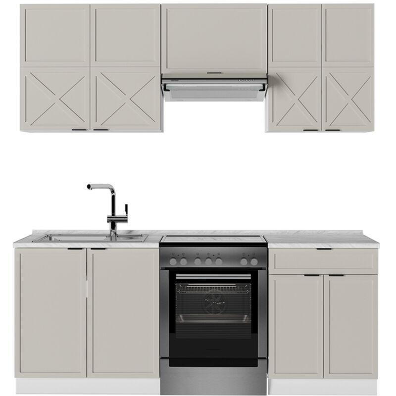 Gri-Bej ve Beyaz MDF Yavaş Kapanır Modüler Mutfak Dolap Seti - 200 cm - 185844