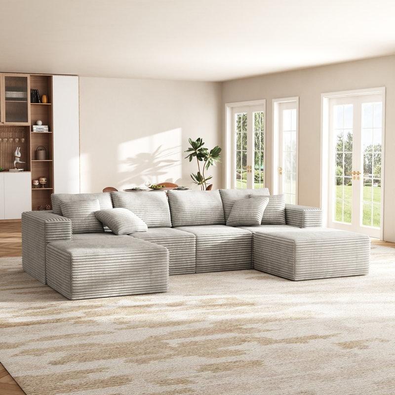 Gri Beyaz Kadife Kumaş Modüler U Şekilli Yönü Değiştirilebilir Köşe Koltuk Takımı - 348 cm - 194441