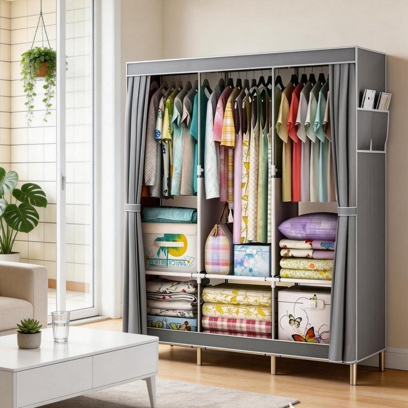 Gri Çelik Profilli 3 Askılı 6 Raflı Toz Geçirmez Katlanabilir Bez Dolap - 127x46x171 cm - 182909