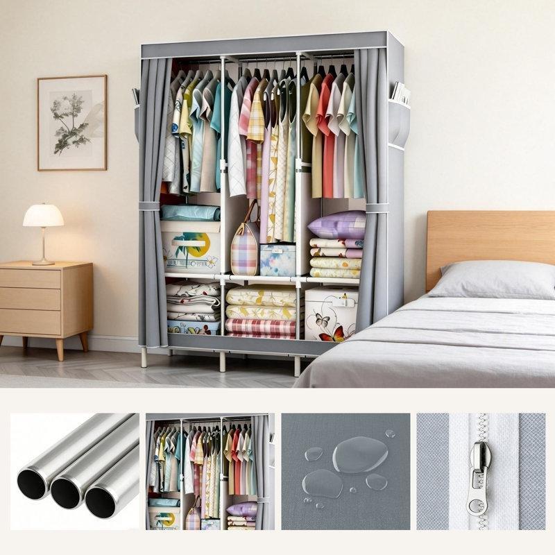 Gri Çelik Profilli 3 Askılı 6 Raflı Toz Geçirmez Katlanabilir Bez Dolap - 127x46x171 cm - 182909
