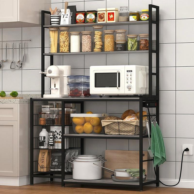 Gri Çelik ve Ahşap Prizli 3 Sepetli Mutfak Rafı - 100x34 cm - 163867 Gri Çelik ve Ahşap Prizli 3 Sepetli Mutfak Rafı - 100x34 cm - 163867