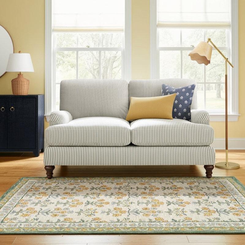 Gri Çizgili Kumaş Geriye Çekik Kolçaklı Ahşap Ayaklı İkili Koltuk - 150 cm - 196179