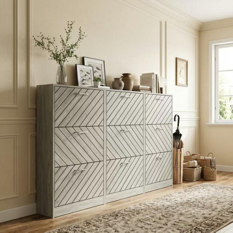 Gri Endüstriyel Ahşap 9 Düşer Kapaklı Ayarlanabilir Raflı Modüler Ayakkabılık - 171x108x24 cm - 229321