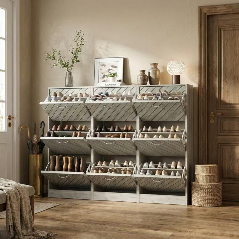 Gri Endüstriyel Ahşap 9 Düşer Kapaklı Ayarlanabilir Raflı Modüler Ayakkabılık - 171x108x24 cm - 229321