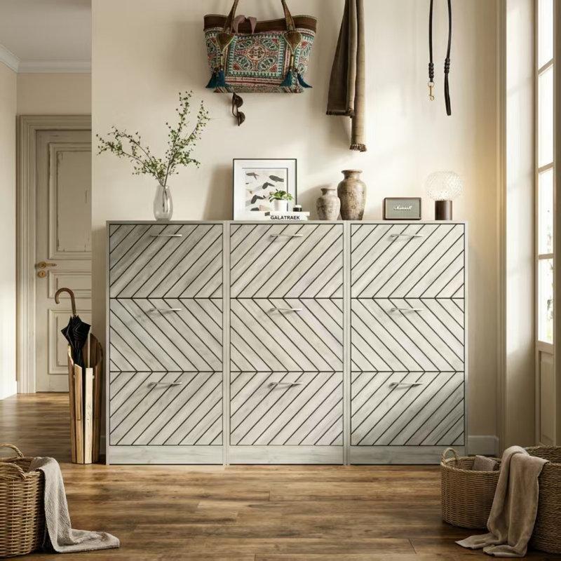 Gri Endüstriyel Ahşap 9 Düşer Kapaklı Ayarlanabilir Raflı Modüler Ayakkabılık - 171x108x24 cm - 229321
