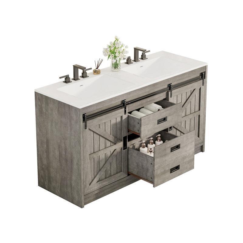 Gri Endüstriyel Ahşap Akrilik Tezgahlı Sürgülü Kapaklı İkili Banyo Lavabo Dolabı - 153 cm - 198699