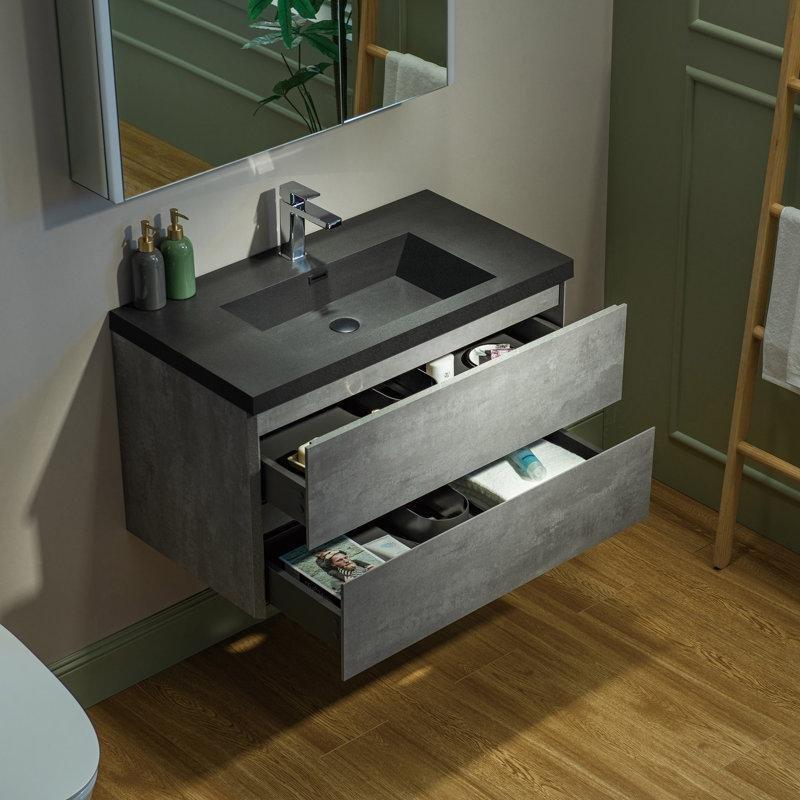 Gri Endüstriyel Ahşap Kuvars Tezgahlı Duvara Monte Çekmeceli Banyo Lavabo Dolabı - 92 cm - 197996