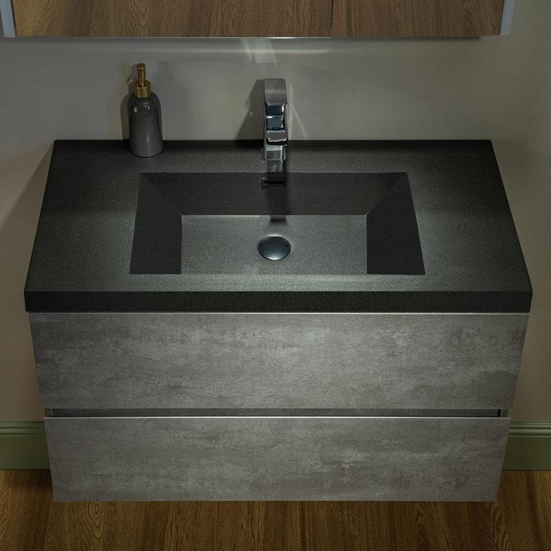 Gri Endüstriyel Ahşap Kuvars Tezgahlı Duvara Monte Çekmeceli Banyo Lavabo Dolabı - 92 cm - 197996