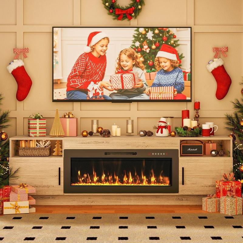 Gri Endüstriyel Ahşap LED Işıklı Elektrikli Şömineli TV Ünitesi - 178 cm - 220363