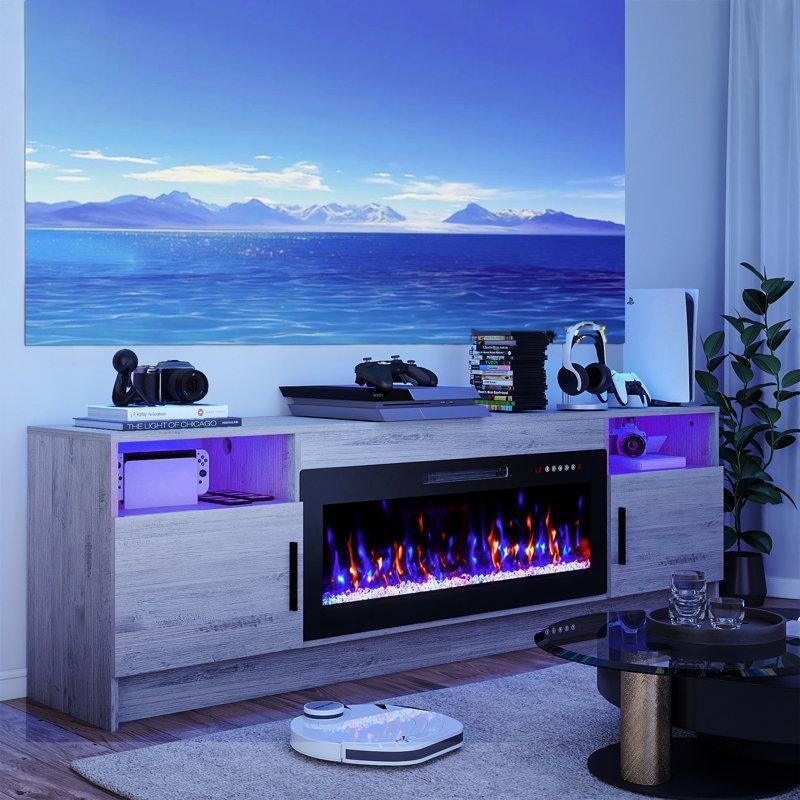 Gri Endüstriyel Ahşap LED Işıklı Elektrikli Şömineli TV Ünitesi - 178 cm - 220363