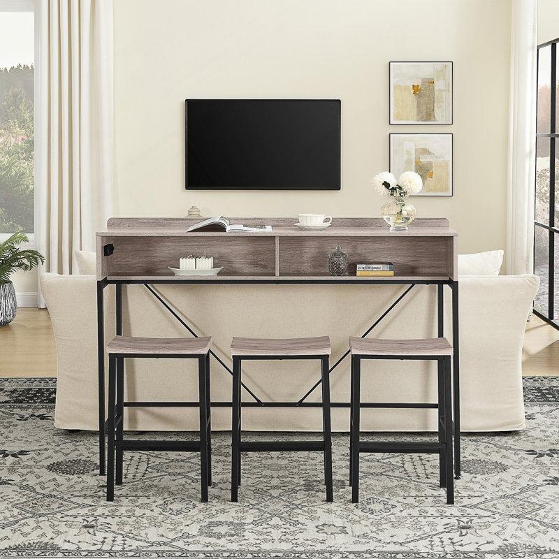 Gri Endüstriyel Ahşap LED Işıklı ve Prizli 3 Tabureli Koltuk Arkası Dresuar - 150 cm - 218111