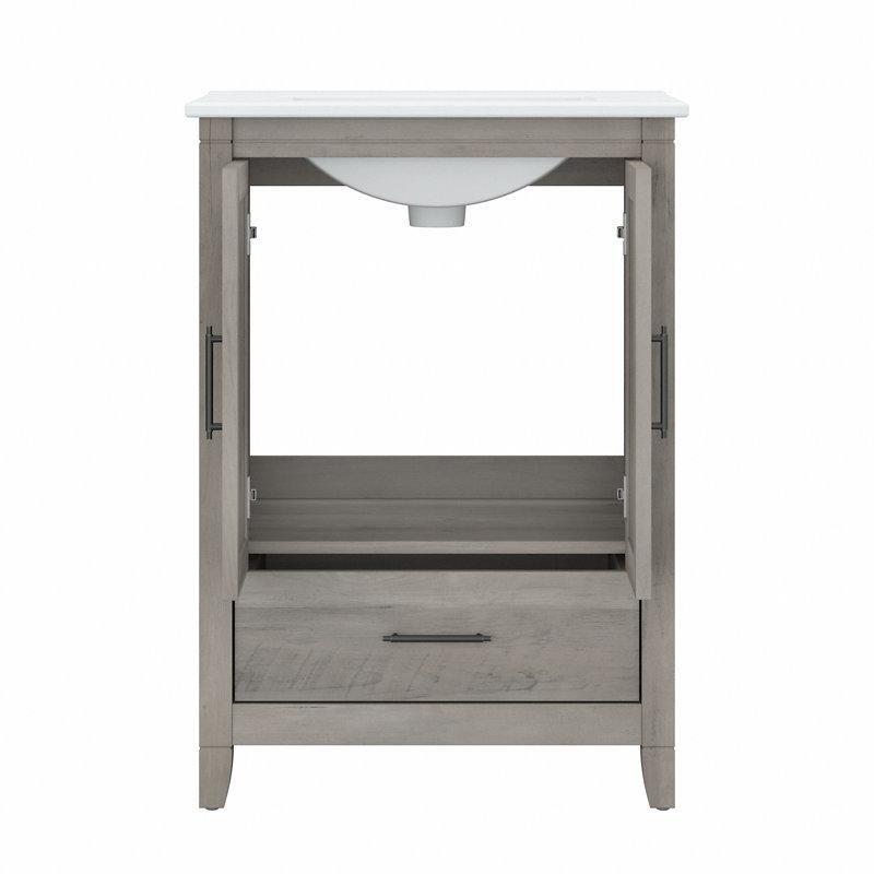 Gri Endüstriyel Ahşap Seramik Tezgahlı Aynalı ve Yan Dolaplı İkili Banyo Lavabo Dolabı Seti - 62 cm - 200254