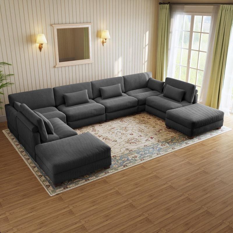 Gri Fitilli Kadife Ayarlanabilir Başlıklı 8 Parça Modüler U Köşe Koltuk Takımı - 193505