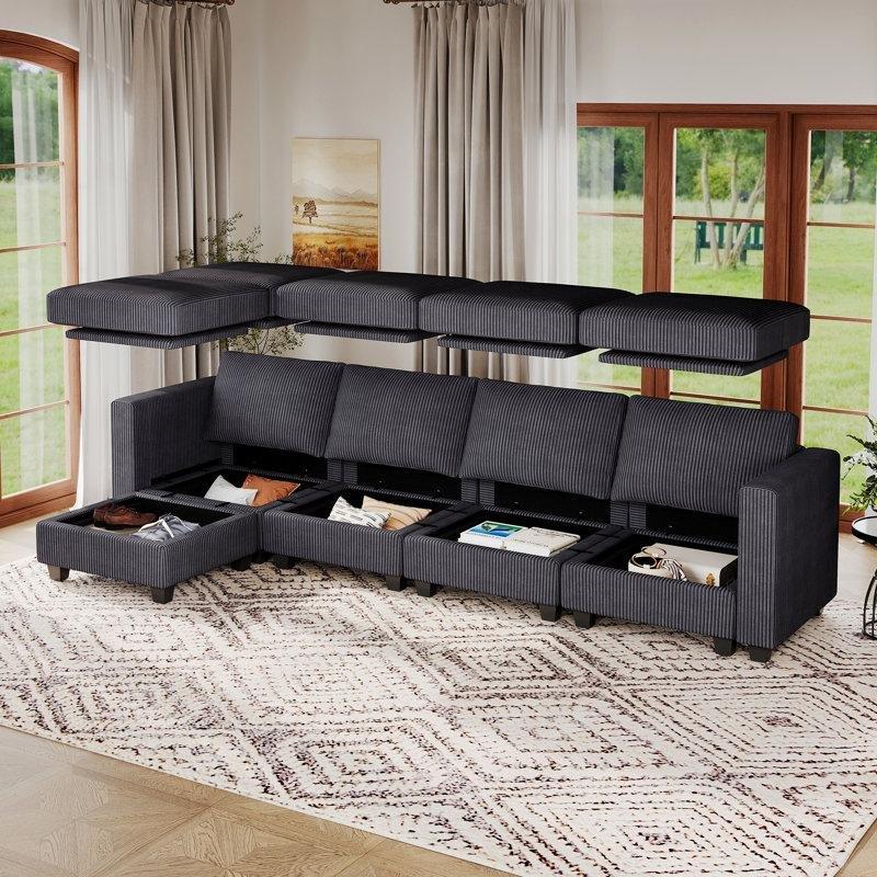 Gri Fitilli Kadife Depolamalı Modüler Köşe Koltuk Takımı - 274 cm - 192841