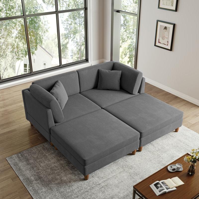 Gri Fitilli Kadife Kumaş Ahşap Ayaklı 4 Parça Modüler Köşe Koltuk Takımı - 203x202 cm - 193204