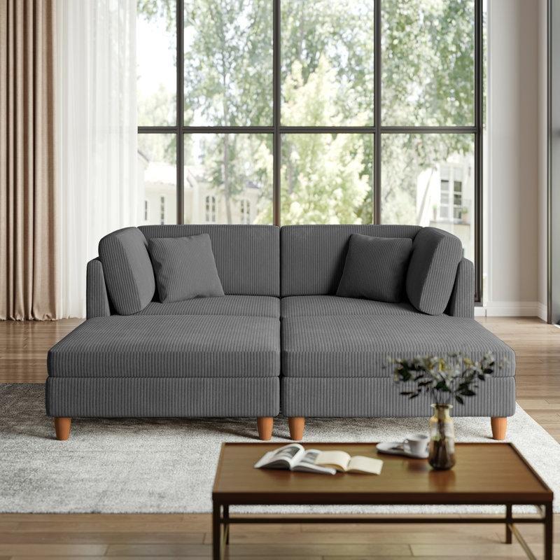 Gri Fitilli Kadife Kumaş Ahşap Ayaklı 4 Parça Modüler Köşe Koltuk Takımı - 203x202 cm - 193204