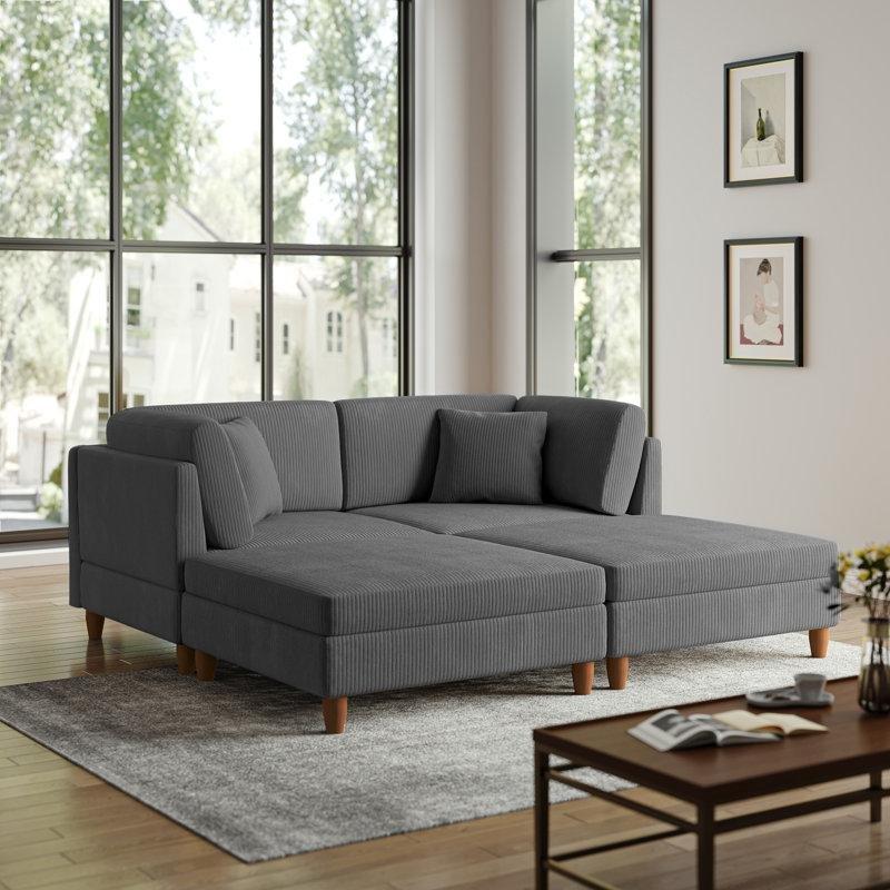 Gri Fitilli Kadife Kumaş Ahşap Ayaklı 4 Parça Modüler Köşe Koltuk Takımı - 203x202 cm - 193204