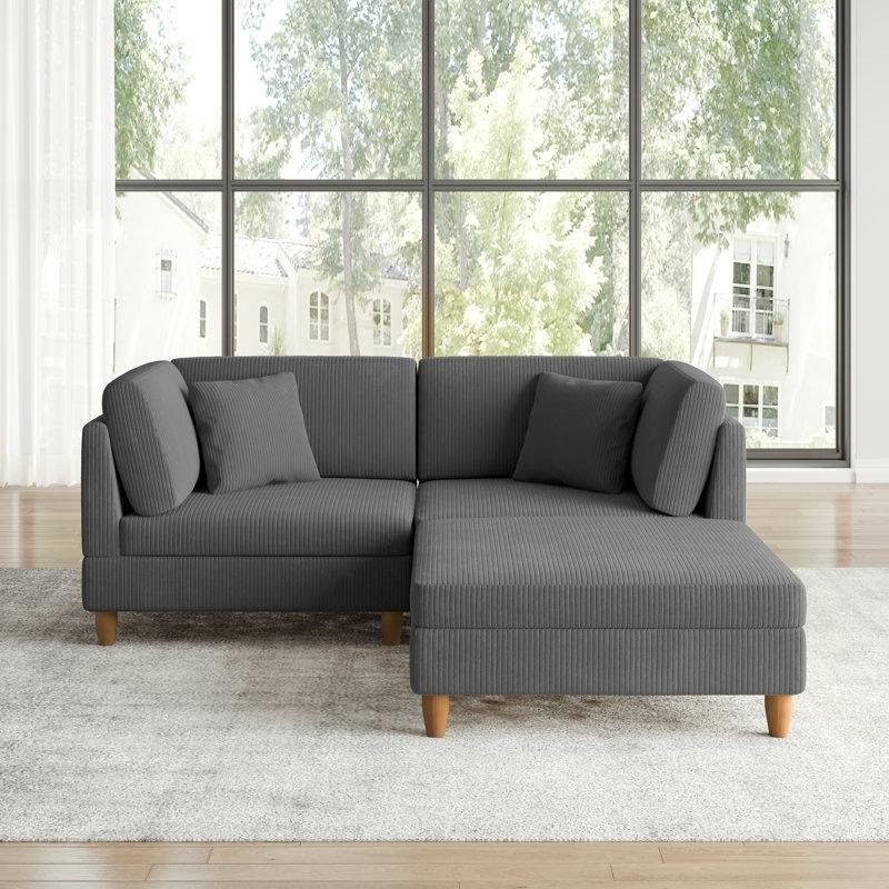 Gri Fitilli Kadife Kumaş Modüler Puflu Köşe Koltuk Takımı - 193225