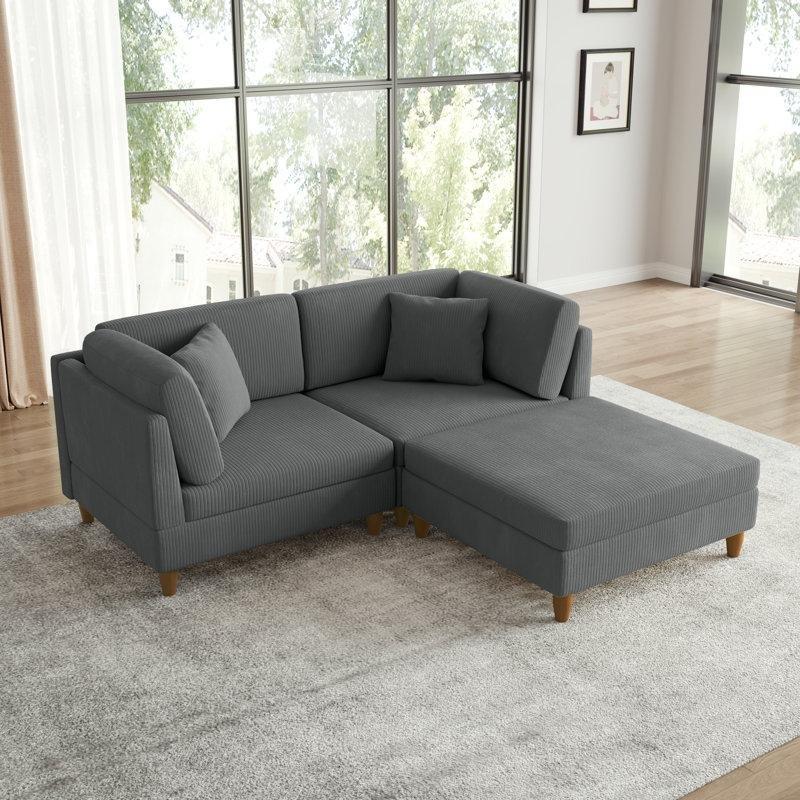 Gri Fitilli Kadife Kumaş Modüler Puflu Köşe Koltuk Takımı - 193225