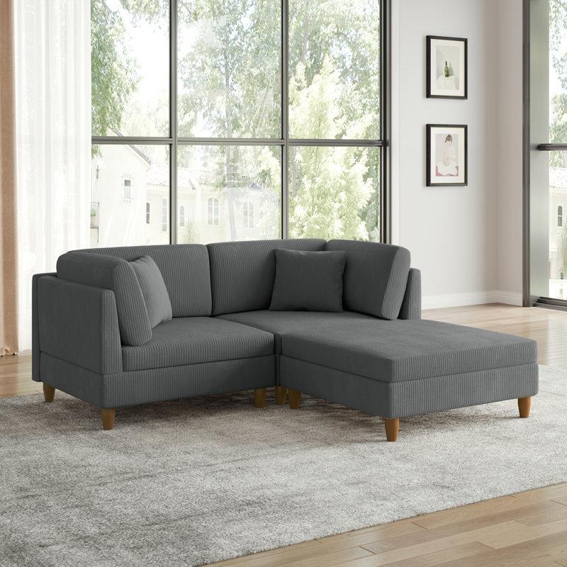 Gri Fitilli Kadife Kumaş Modüler Puflu Köşe Koltuk Takımı - 193225