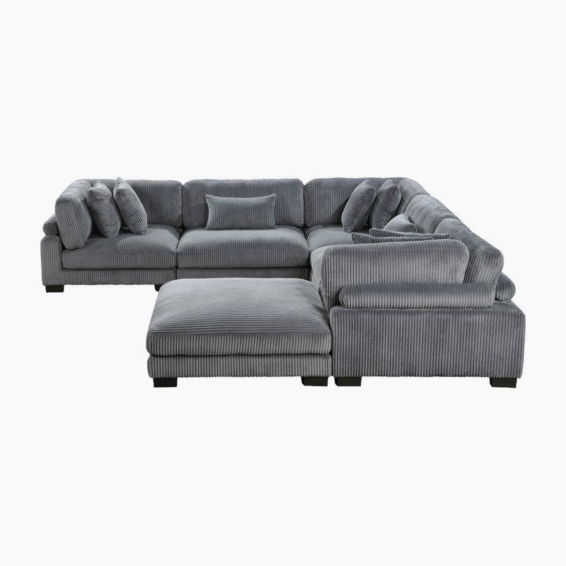 Gri Fitilli Kadife Kumaş Modüler Puflu Köşe Koltuk Takımı - 343x343 cm - 194935