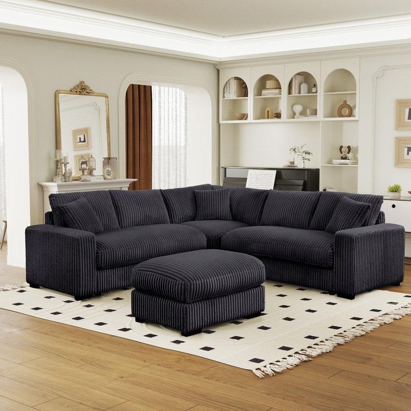 Gri Fitilli Kadife Modüler Puflu Köşe Koltuk Takımı - 252x252 cm - 194686