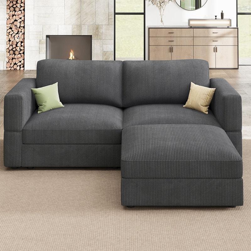 Gri Fitilli Kadife Saklama Alanlı Yönü Değiştirilebilir Modüler L Koltuk Takımı - 193949