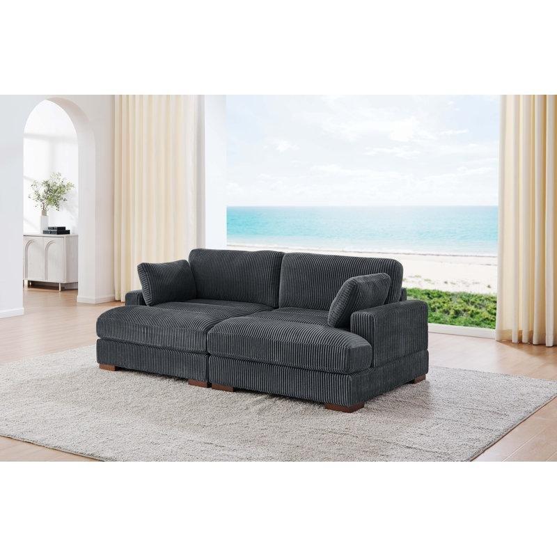 Gri Fitilli Kadife Yatak Olabilen İkili Koltuk - 227 cm - 207908