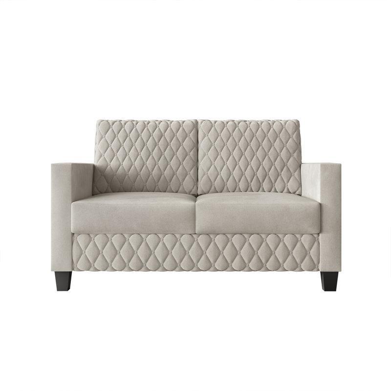 Gri Kadife Baklava Desenli Masif Ahşap İkili Koltuk - 134 cm - 205631