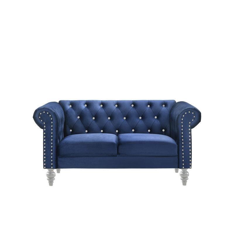 Gri Kadife Chesterfield Zımba Detaylı Masif Ahşap Ayaklı İkili Koltuk - 156 cm - 205601