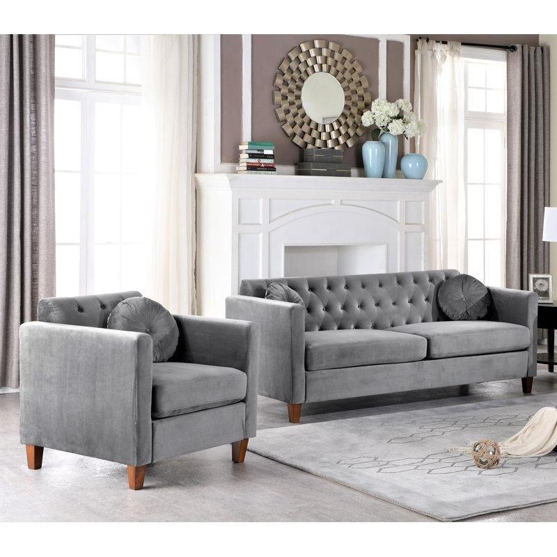 Gri Kadife Düğme Kapitoneli Masif Ahşap Koltuk Takımı - 192130