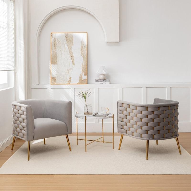 Gri Kadife Gold Metal Ayaklı 2li Set Varil Tekli Koltuk - 204977