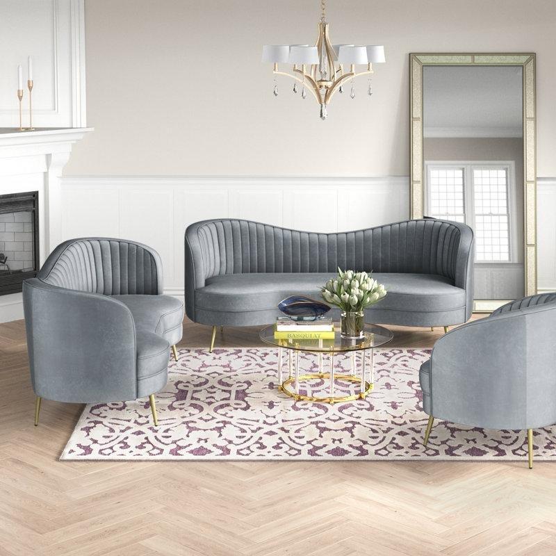 Gri Kadife Gold Metal Ayaklı Dikey Kapitoneli Koltuk Takımı - 191222