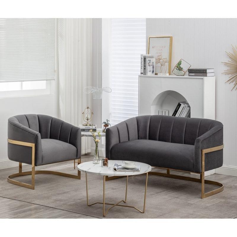 Gri Kadife Kapitoneli Gold Metal Ayaklı 2 Parça Koltuk Takımı - 191038