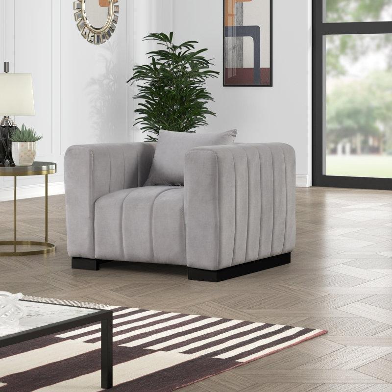 Gri Kadife Kapitoneli Siyah Ahşap Ayaklı Koltuk Takımı - 192119