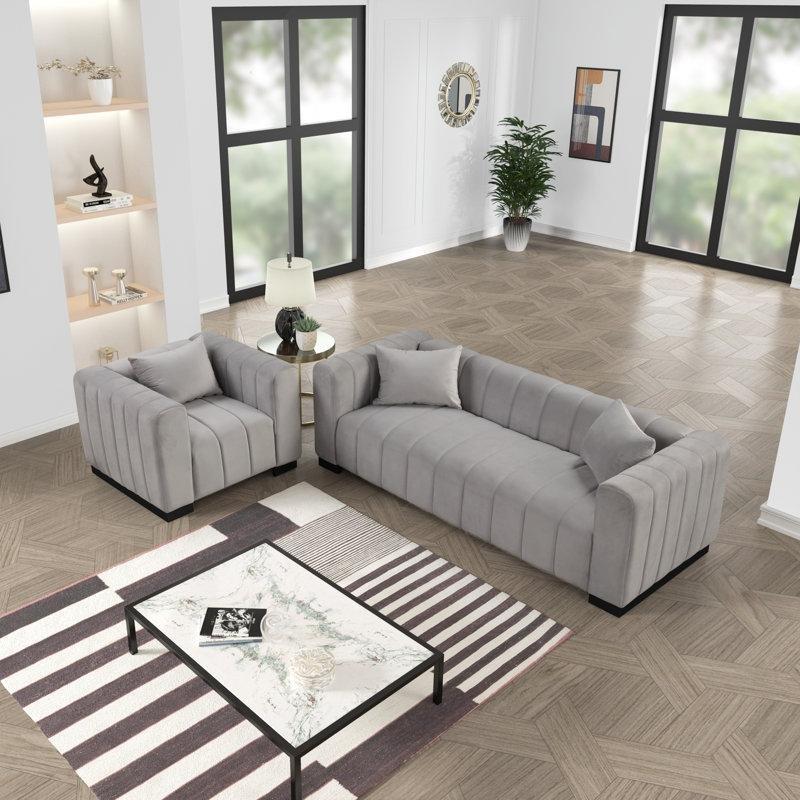 Gri Kadife Kapitoneli Siyah Ahşap Ayaklı Koltuk Takımı - 192119