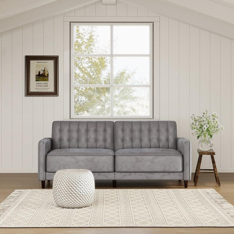 Gri Kadife Kapitoneli Yataklı Fonksiyonel Üçlü Koltuk - 208 cm - 196442