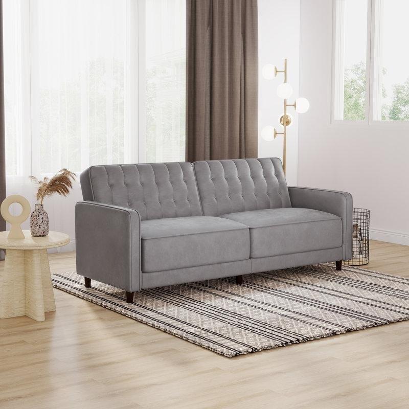 Gri Kadife Kapitoneli Yataklı Fonksiyonel Üçlü Koltuk - 208 cm - 196442