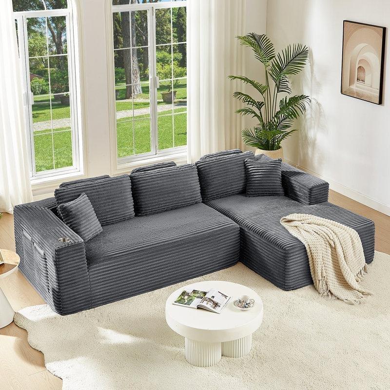 Gri Kadife Kumaş Derin Oturumlu Saklama Cepli Modüler Köşe Koltuk - 275 cm - 197070